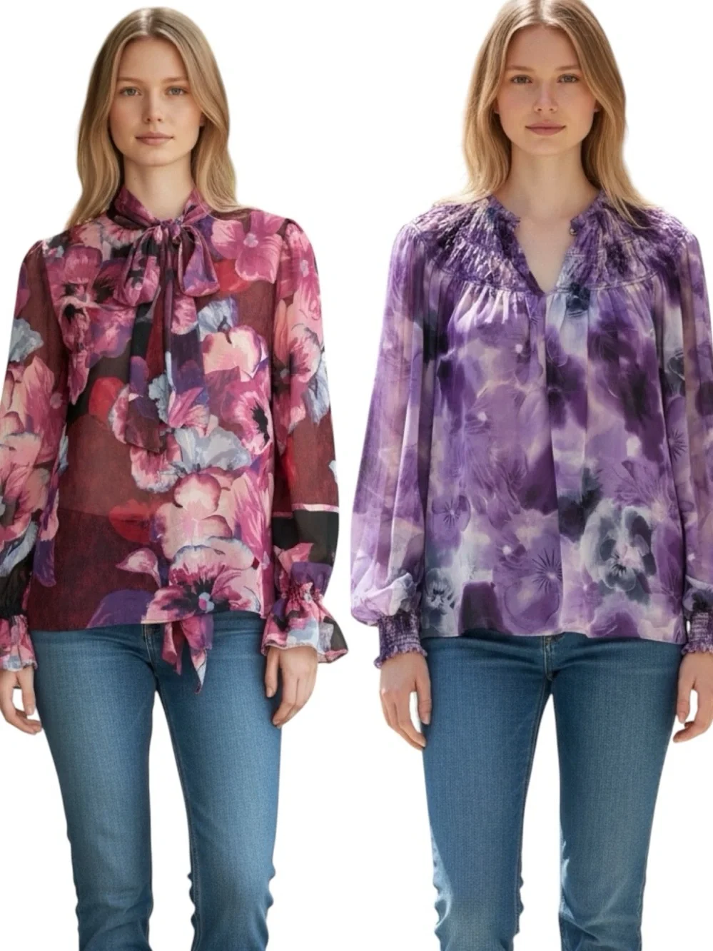 WHITE HOUSE BLACK MARKET Purple Floral Long Sleeve Smocked Blouse XS